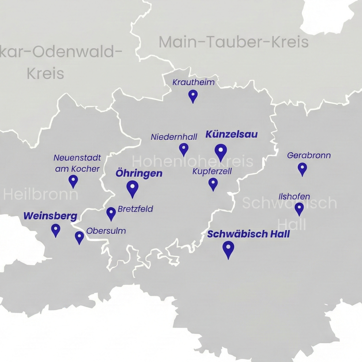 Karte Einsatzgebiet KFZ Gutachter Karagöz: Öhringen, Künzelsau, Schwäbisch Hall und Hohenlohekreis